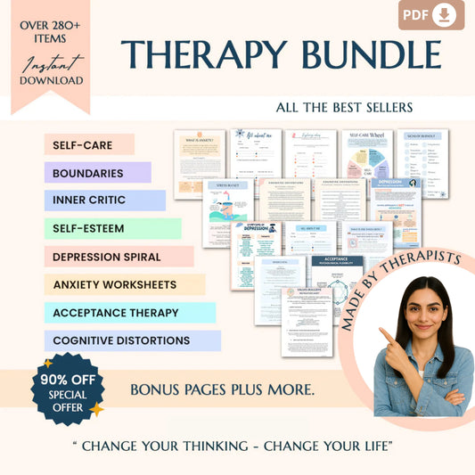 Therapy Worksheet Bundle – Mental Wellness Tools for Anxiety, Boundaries, Self-Care, and Trauma Recovery