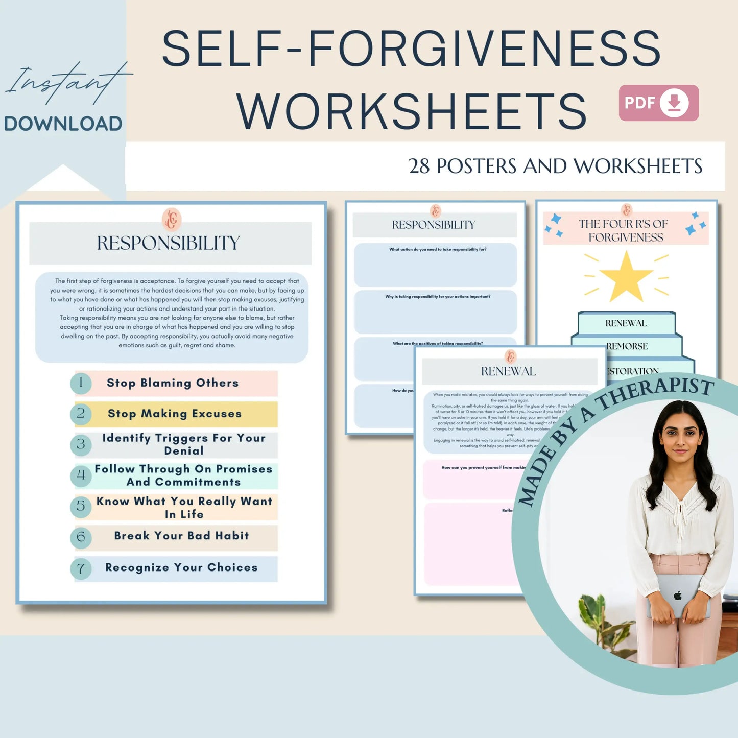 Self-Forgiveness Workbook – Printable Healing Worksheets for Letting Go, Self-Worth & Inner Peace