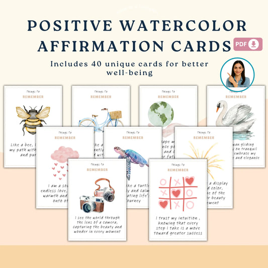 Positive Watercolor Affirmation Cards – 40 Printable Daily Affirmations for Joy, Mindfulness & Self-Love