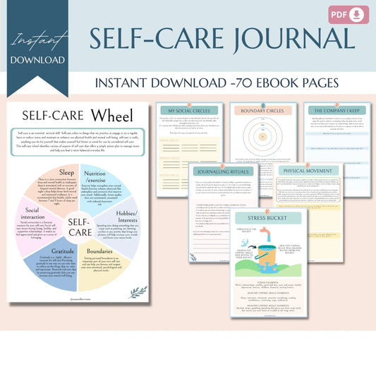 Self-Care Journal – 70-Page Printable Wellness Planner with Self-Care Wheel & Guided Prompts