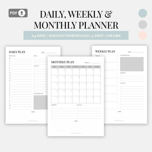 Daily, Weekly, and Monthly Planner Printable Set – Stay Organized and Productive 🖊️✨