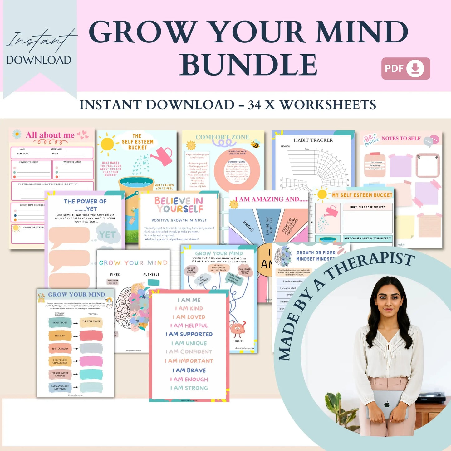 Growth Mindset Workbook – 34 Printable Pages to Improve Self-Esteem, Resilience & Positive Thinking