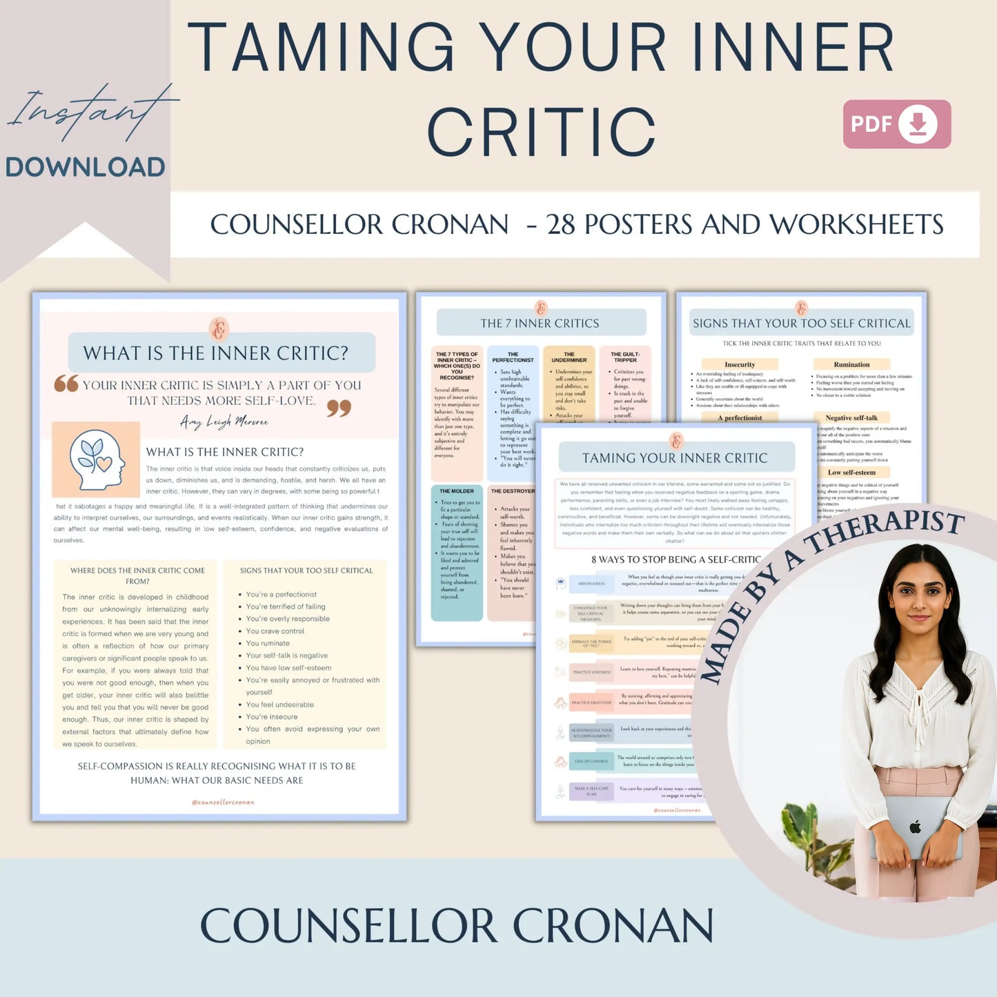 Inner Critic Workbook – 28 Printable Pages to Silence Self-Doubt, Reframe Negative Thoughts & Build Self-Compassion