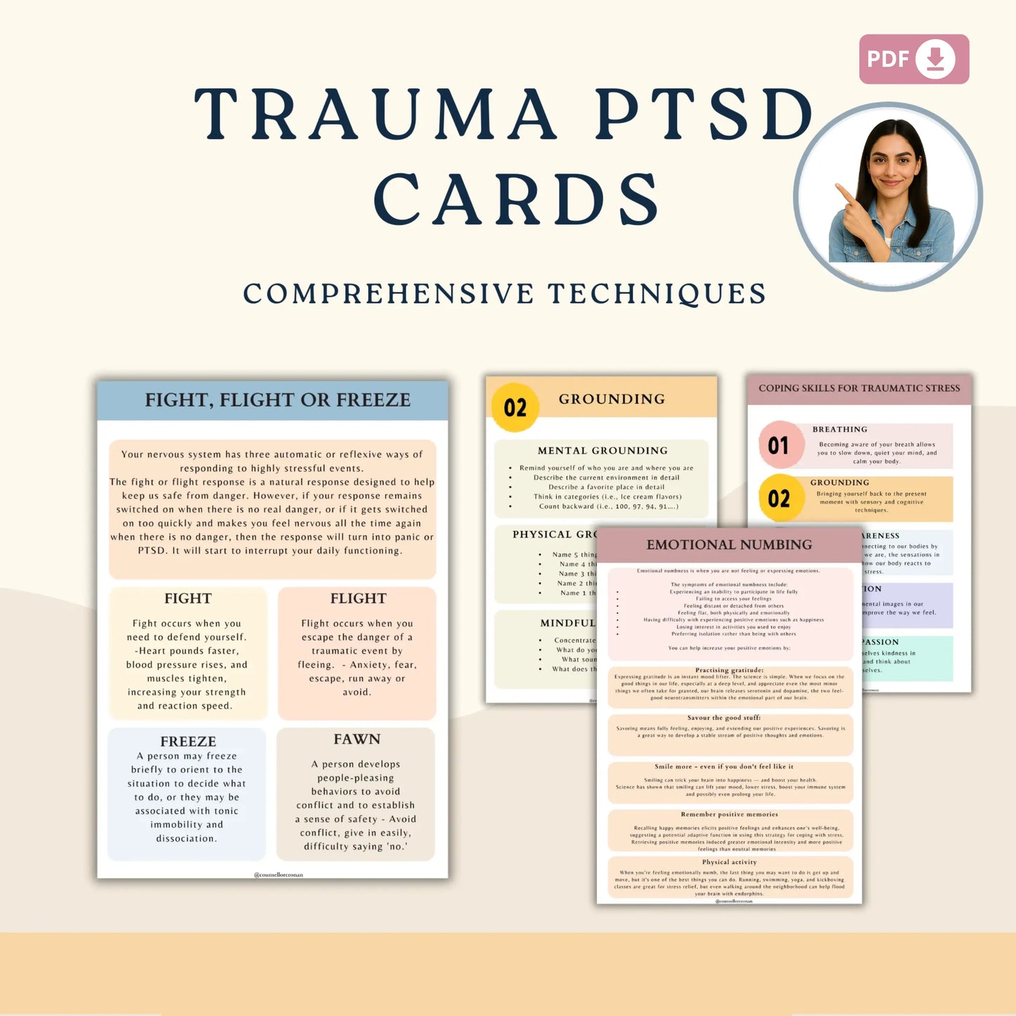 PTSD Coping Skill Cards – Printable Trauma Support & Self-Soothing Techniques