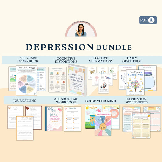 Depression Bundle – Printable Worksheets for Self-Awareness, Growth Mindset & Mental Health Support