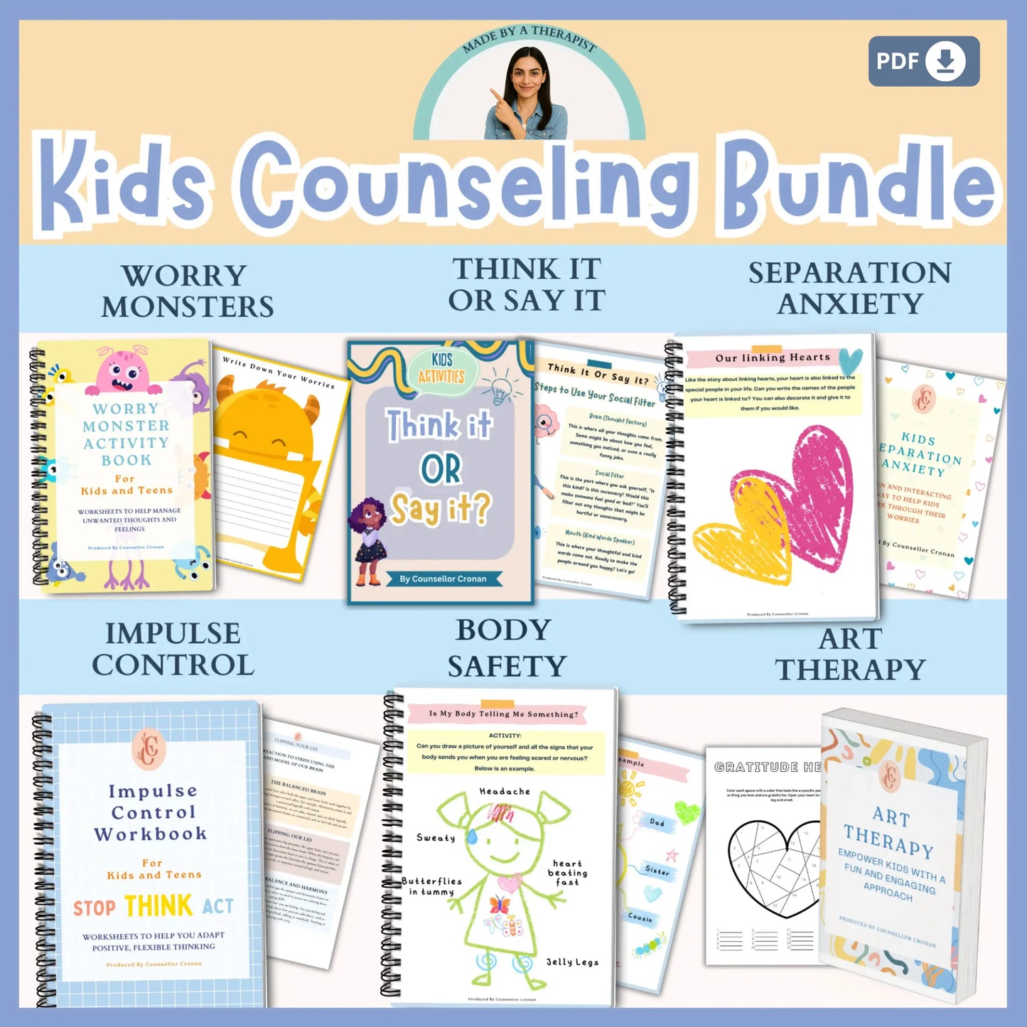 Counseling Workbook Bundle for Kids – 6 Printable Resources for Emotional Wellness, Executive Functioning & Self-Regulation