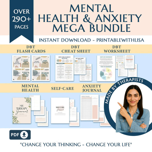 Mental Health & Anxiety Bundle – Journals, Planners, DBT Flash Cards, and Worksheets