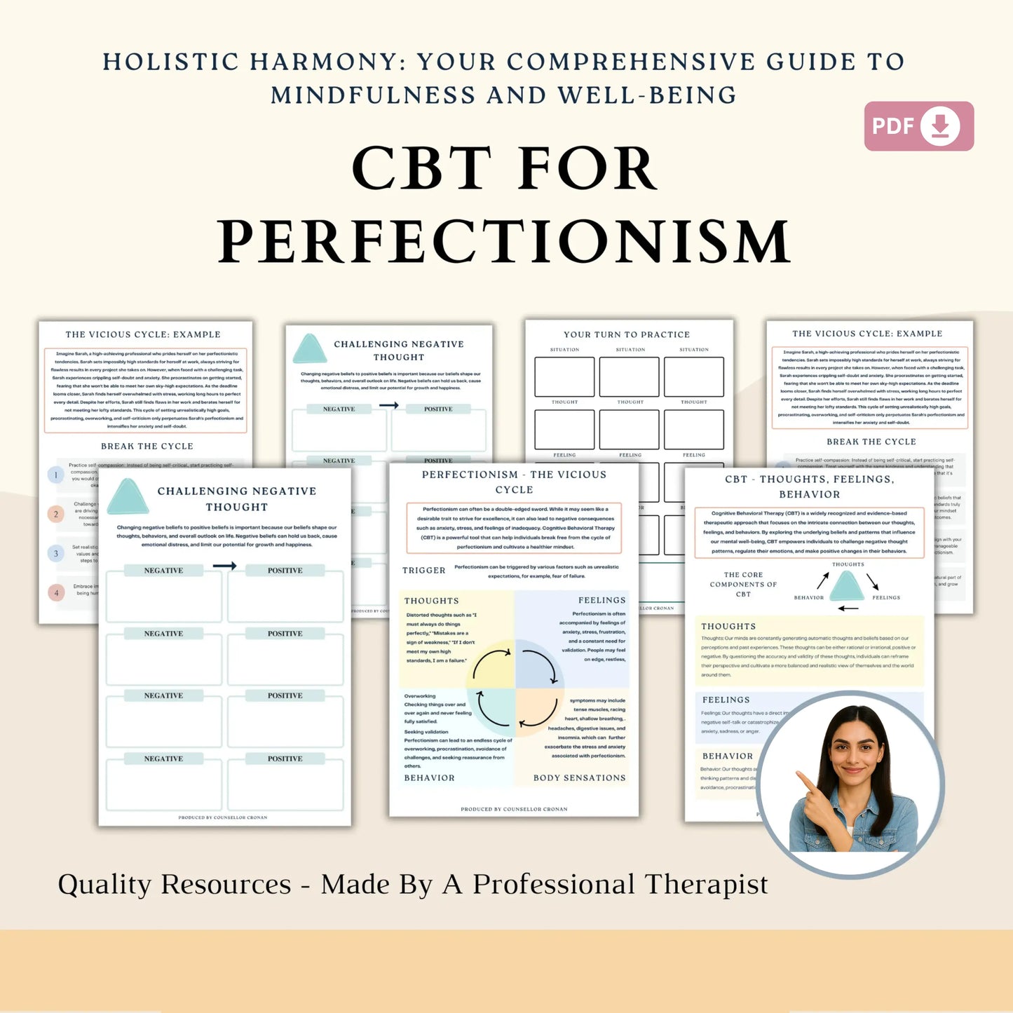 Perfectionism CBT Workbook – Printable Magic Triangle Worksheets for Thought Reframing, Emotional Balance & Healthy Goal Setting