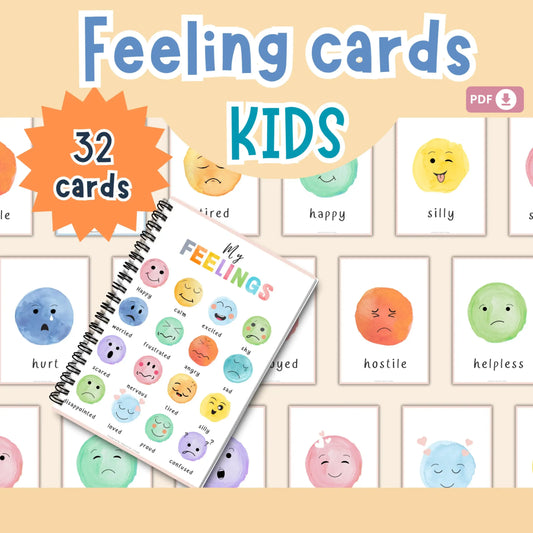 Kids Feeling Cards – 32 Printable Flash Cards for Emotional Recognition & Self-Regulation