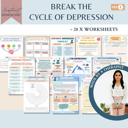 Break the Cycle of Depression Workbook – 28 Printable Mental Health Worksheets for Coping Skills, Reflection & Emotional Healing
