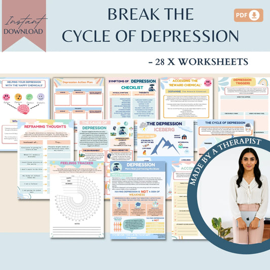 Break the Cycle of Depression Workbook – 28 Printable Mental Health Worksheets for Coping Skills, Reflection & Emotional Healing