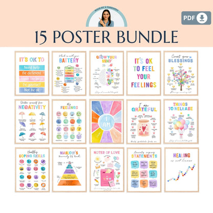 15 Watercolor Poster Bundle – Printable Mental Health Wall Art