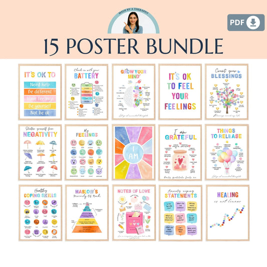 15 Watercolor Poster Bundle – Printable Mental Health Wall Art