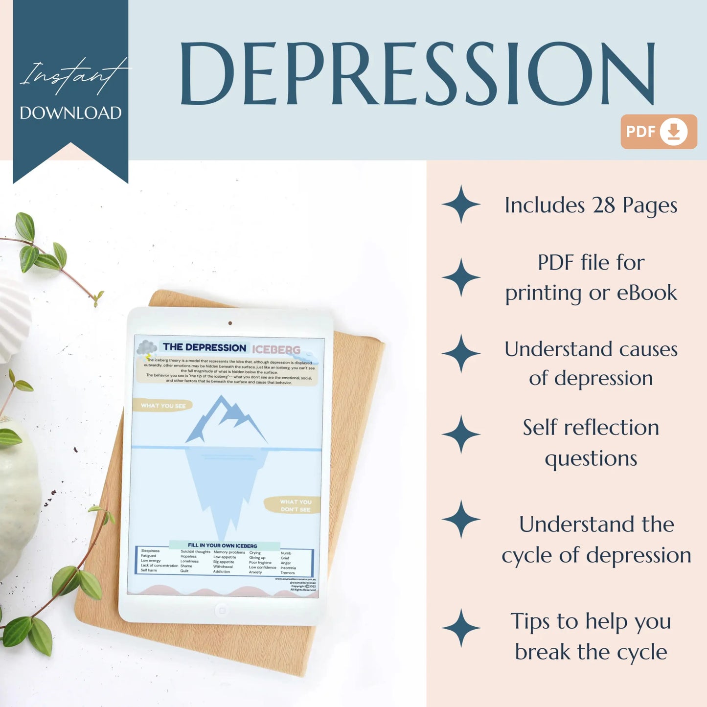 Break the Cycle of Depression Workbook – 28 Printable Mental Health Worksheets for Coping Skills, Reflection & Emotional Healing