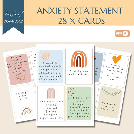 Anxiety Statement Flashcards – 28 Printable Coping & Panic Affirmation Cards | Grounding Tools for Stress & Emotional Support