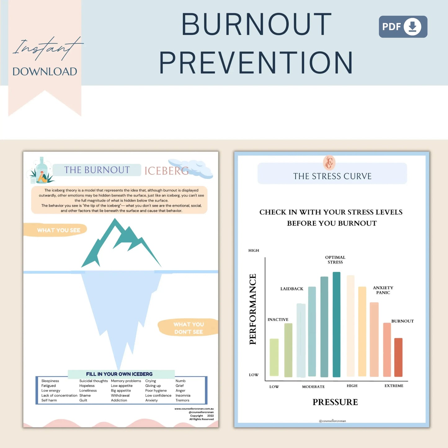 Burnout & Stress Management Resource Pack – 10 Printable Worksheets for Emotional Exhaustion Recovery & Prevention