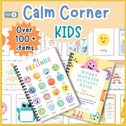 Kids Calming Corner Bundle – Printable Emotional Regulation Toolkit with Affirmation Cards, Therapy Workbooks & Feelings Resources