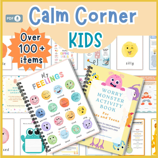 Kids Calming Corner Bundle – Printable Emotional Regulation Toolkit with Affirmation Cards, Therapy Workbooks & Feelings Resources