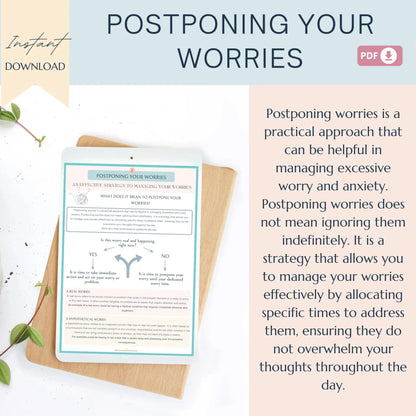 Postponing Worries Workbook – Printable Worry Time Worksheets for Thought Management & Anxiety Relief