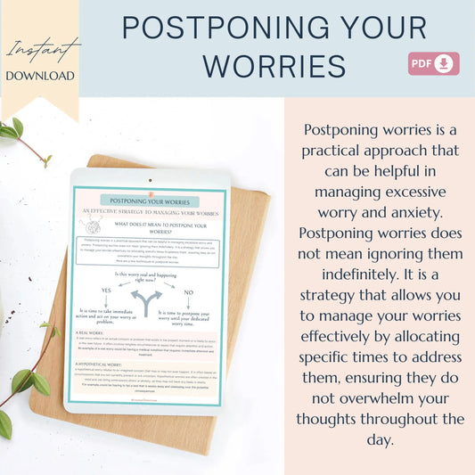 Postponing Worries Workbook – Printable Worry Time Worksheets for Thought Management & Anxiety Relief