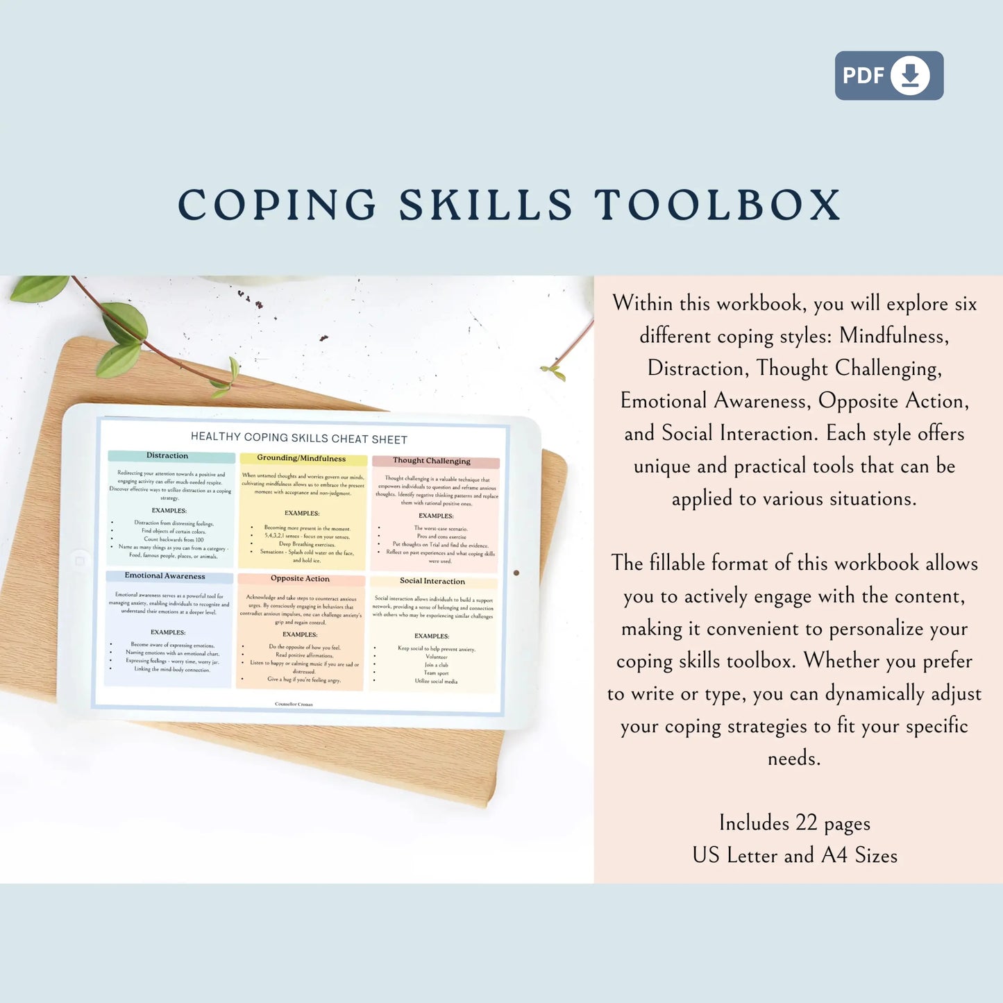 Coping Skills Toolbox Workbook – 22 Printable Pages Exploring 6 Coping Styles for Emotional Regulation & Resilience