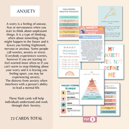 Anxiety Coping Skill Cards – 72 Printable Flashcards for Stress Relief, Emotional Support & Mindfulness