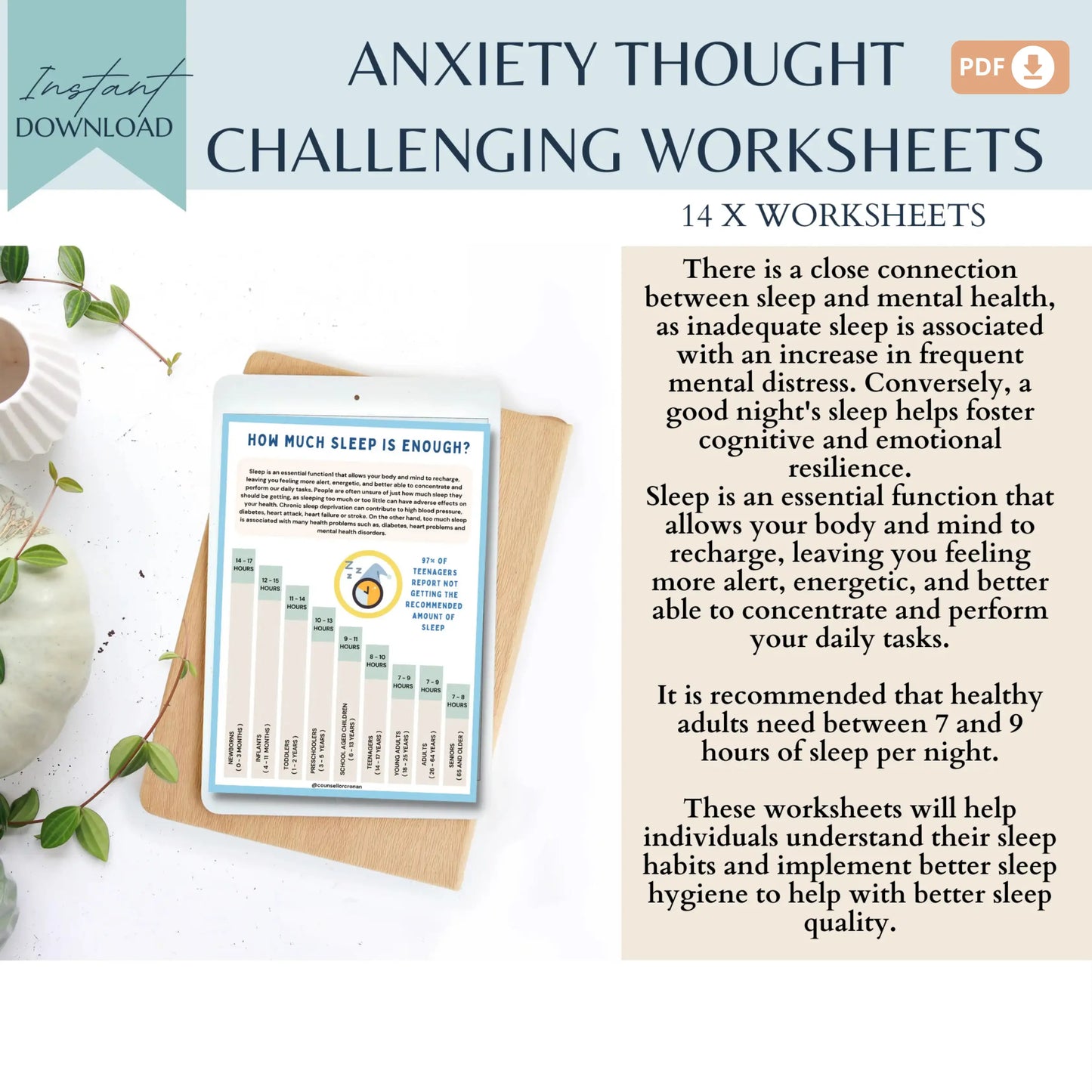 Sleep Hygiene Workbook – 14 Printable Worksheets to Improve Sleep Quality & Mental Wellness