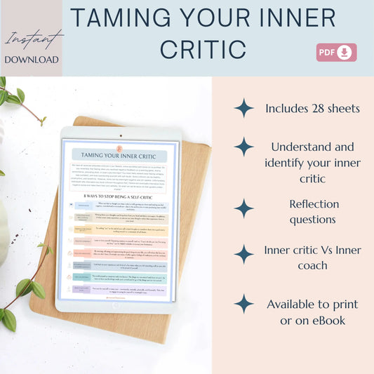 Inner Critic Workbook – 28 Printable Pages to Silence Self-Doubt, Reframe Negative Thoughts & Build Self-Compassion