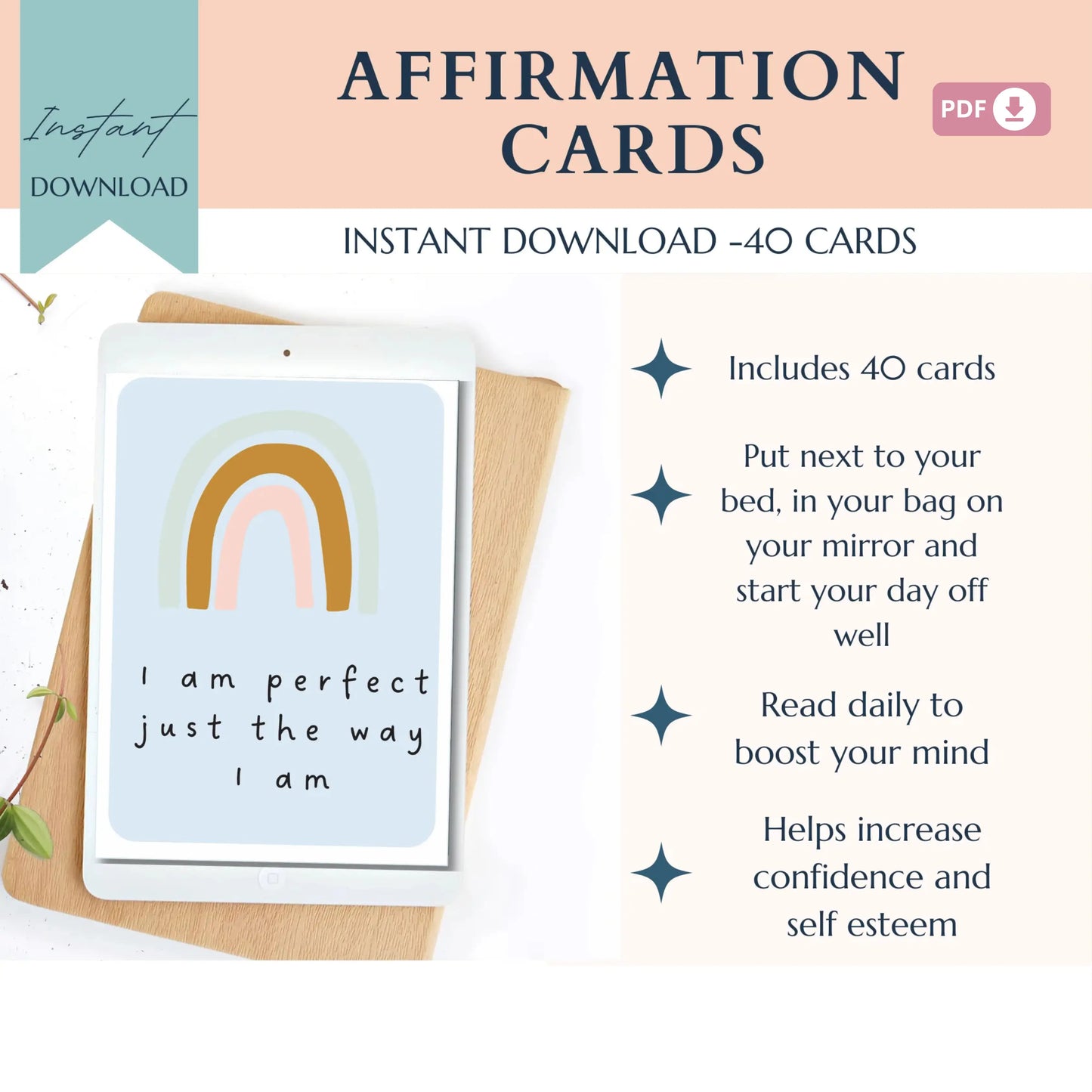 Self-Esteem Affirmation Cards – 40 Printable Confidence & Positivity Flashcards for Kids, Teens & Adults