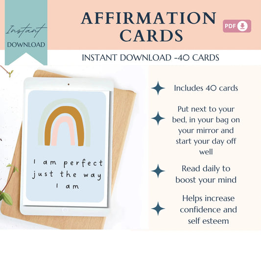 Self-Esteem Affirmation Cards – 40 Printable Confidence & Positivity Flashcards for Kids, Teens & Adults