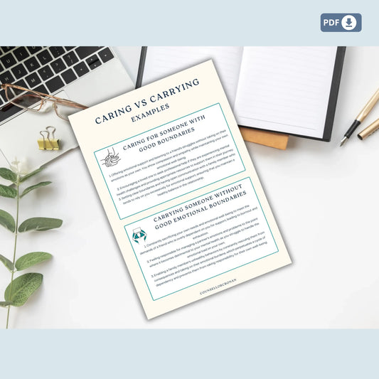 Caring vs Carrying Workbook – 13 Printable Therapy Worksheets for Emotional Baggage, Boundaries & Relationship Clarity