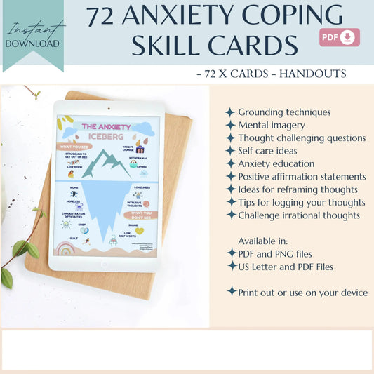 Anxiety Coping Skill Cards – 72 Printable Flashcards for Stress Relief, Emotional Support & Mindfulness