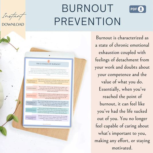 Burnout & Stress Management Resource Pack – 10 Printable Worksheets for Emotional Exhaustion Recovery & Prevention