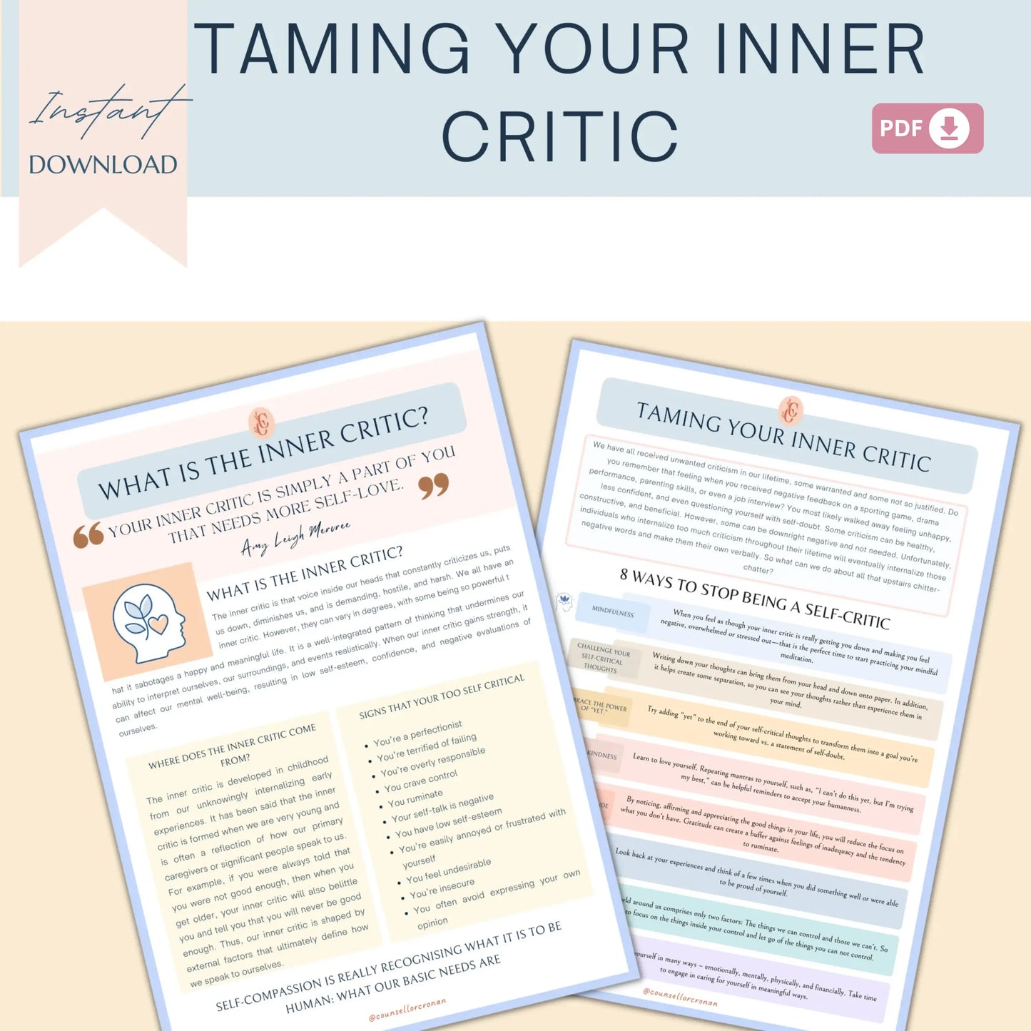 Inner Critic Workbook – 28 Printable Pages to Silence Self-Doubt, Reframe Negative Thoughts & Build Self-Compassion