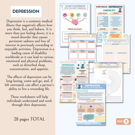 Break the Cycle of Depression Workbook – 28 Printable Mental Health Worksheets for Coping Skills, Reflection & Emotional Healing