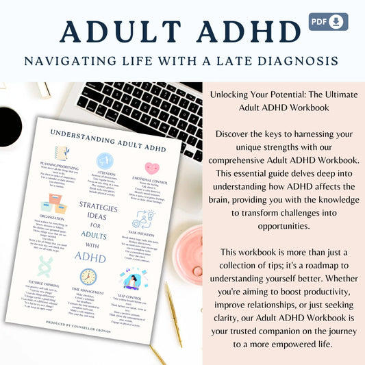 Adult ADHD Therapy Workbook & Planner – Printable Self-Awareness, Focus Strategies & Mindfulness Worksheets |