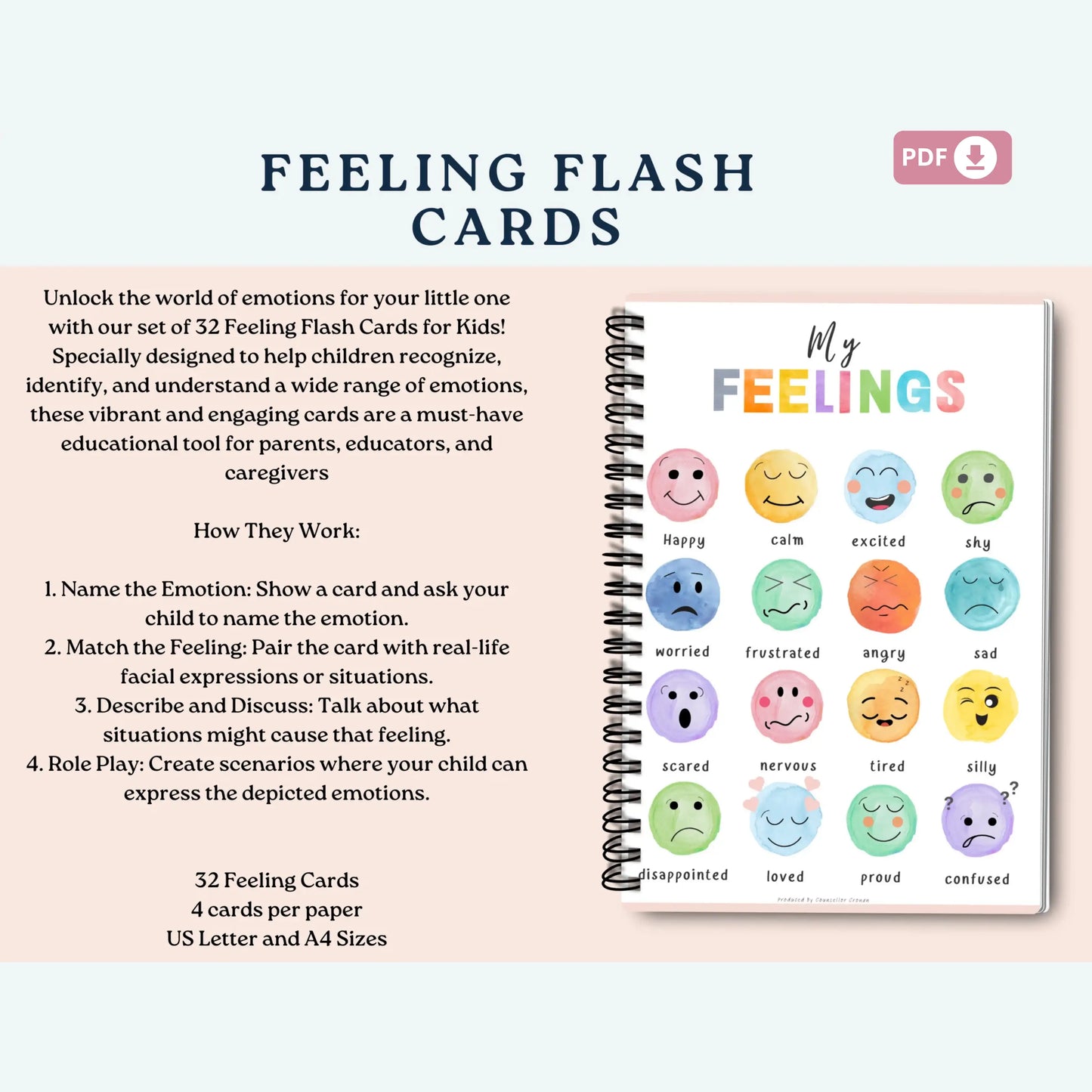 Kids Feeling Cards – 32 Printable Flash Cards for Emotional Recognition & Self-Regulation