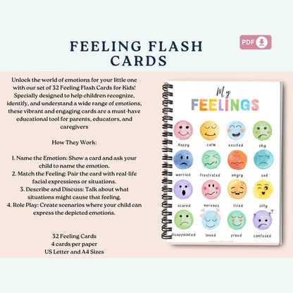 Kids Feeling Cards – 32 Printable Flash Cards for Emotional Recognition & Self-Regulation