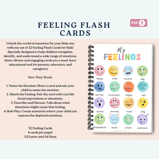 Kids Feeling Cards – 32 Printable Flash Cards for Emotional Recognition & Self-Regulation