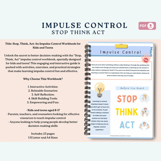 Impulse Control Workbook for Kids & Teens – 22 Printable Pages of Activities, Reflection & Self-Regulation Skills