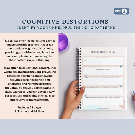 Cognitive Distortions Workbook – 38 Printable Pages to Identify, Challenge & Reframe Unhelpful Thinking Patterns