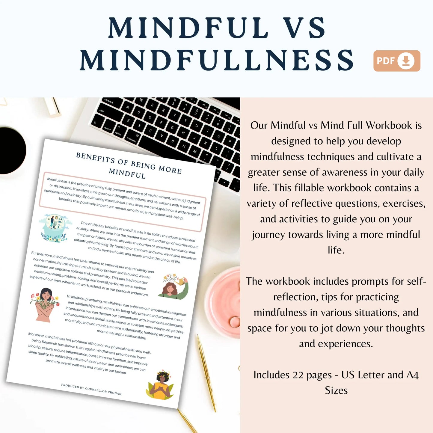 Mindful vs Mind Full Workbook – 22 Printable Pages for Mindfulness, Self-Reflection & Daily Awareness