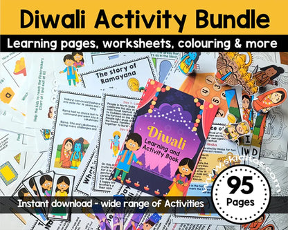 Diwali Activity Bundle for Kids – Learning Pages, Worksheets, Coloring & Ramayana Puppets