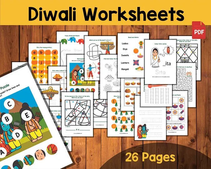Diwali Activity Bundle for Kids – Learning Pages, Worksheets, Coloring & Ramayana Puppets