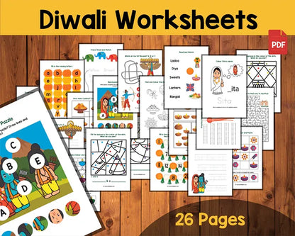 Diwali Activity Bundle for Kids – Learning Pages, Worksheets, Coloring & Ramayana Puppets