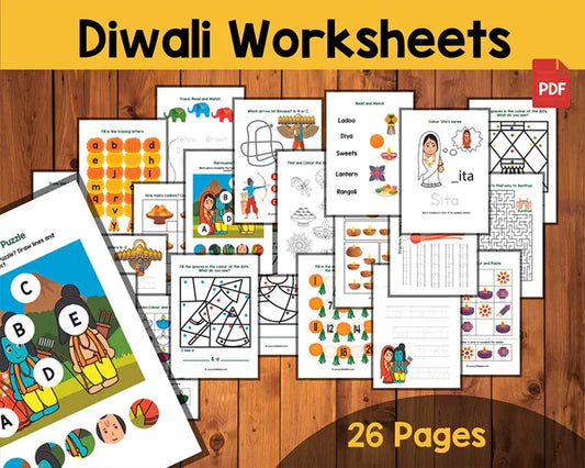 Diwali Activity Bundle for Kids – Learning Pages, Worksheets, Coloring & Ramayana Puppets