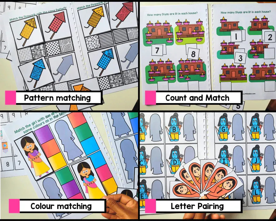 Diwali Activity Bundle for Kids – Learning Pages, Worksheets, Coloring & Ramayana Puppets