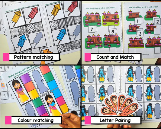 Diwali Activity Bundle for Kids – Learning Pages, Worksheets, Coloring & Ramayana Puppets