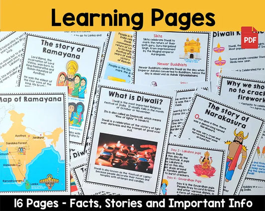 Diwali Activity Bundle for Kids – Learning Pages, Worksheets, Coloring & Ramayana Puppets