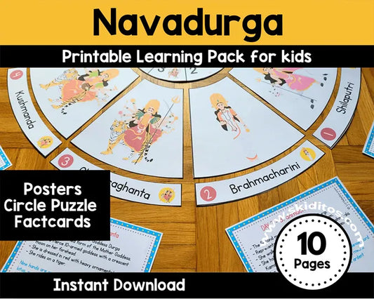 Navadurga Printable Learning Pack for Kids – Posters, Circle Puzzle & Fact Cards